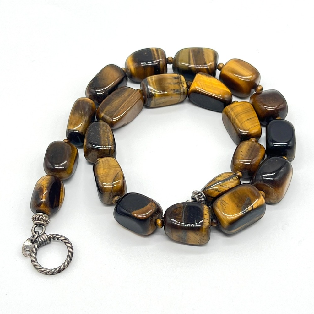 Vintage Tiger's Eye Necklace Marked SX 925 Sterling Silver Gemstone Toggle Clasp - Picture 15 of 16